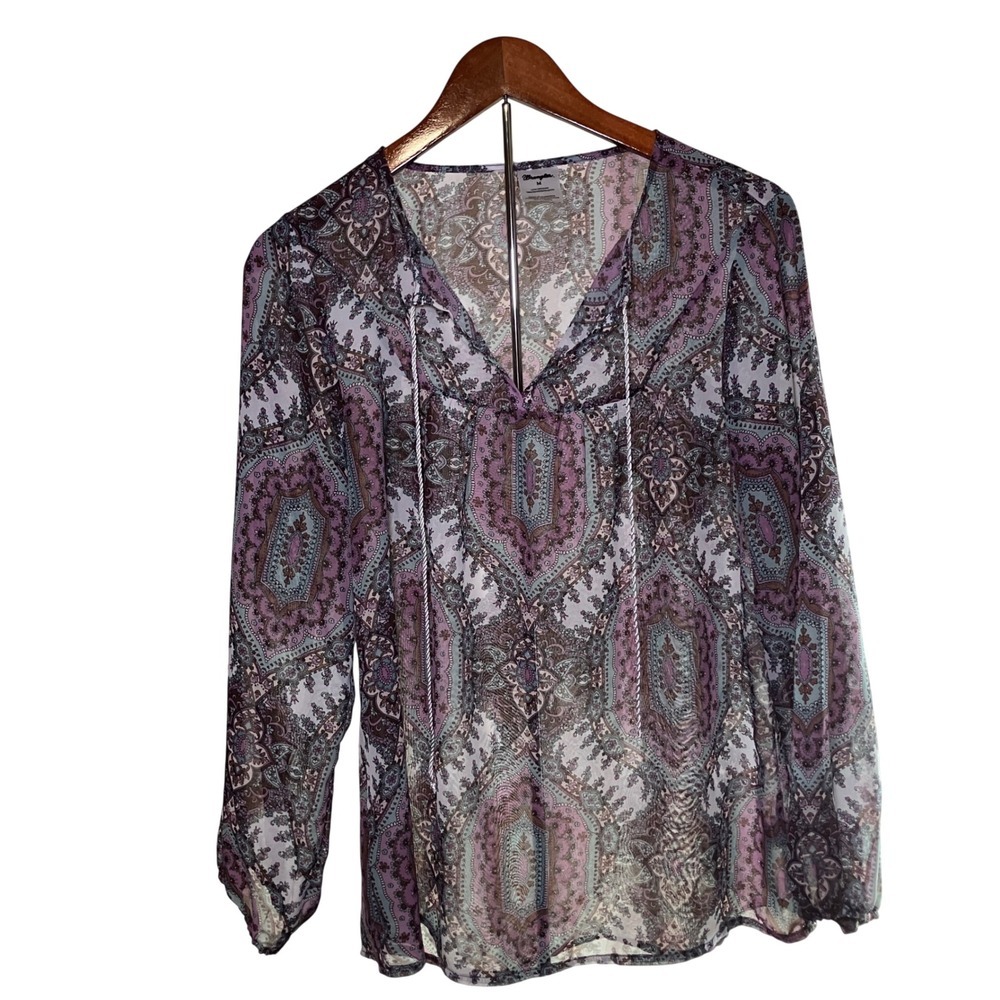 Wrangler Women's Size Medium Boho Paisley Print V Neck Tie Neck Blouse Top